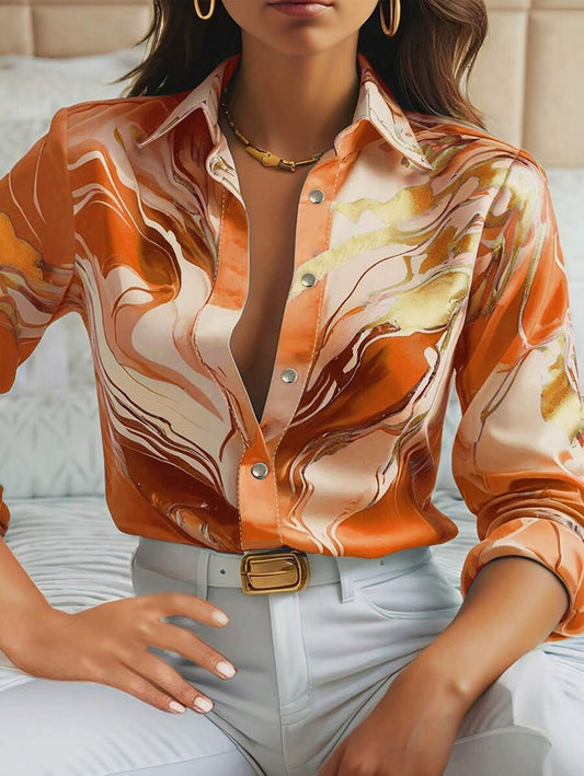 🧡Women's Marble Swirl Satin Shirt – Vibrant Orange & Gold Elegance
