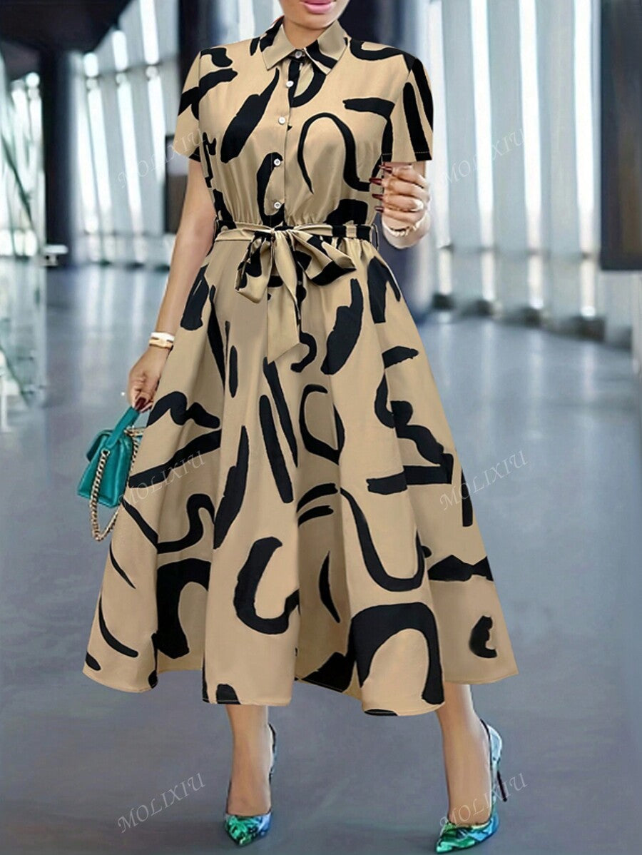 More Clothing Luxury Beige & Black Midi Dress with Belt