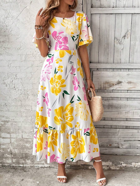 More Clothing Floral Print Maxi Dress with Ruffle Hem and Flutter Sleeves