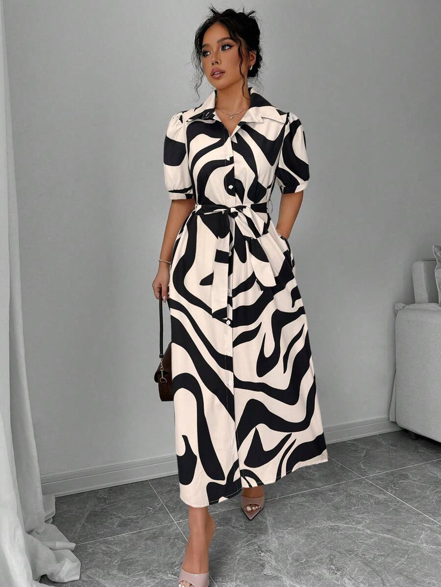 More Clothing Monochrome Magic: Black & White Abstract Shirt Midi Dress