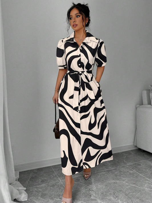 More Clothing Monochrome Magic: Black & White Abstract Shirt Midi Dress