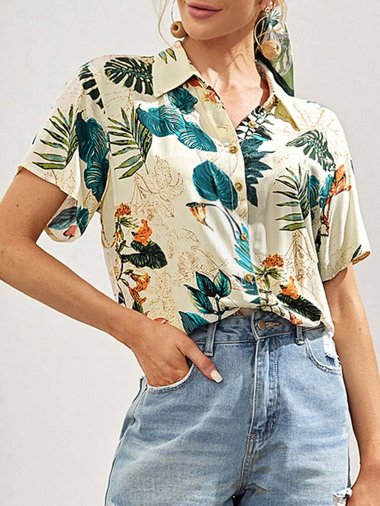 Women's Tropical Leaf & Floral Print Button-Up Shirt