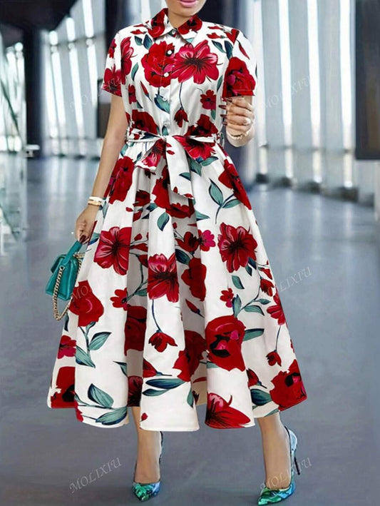 More Clothing Bold Bloom Shirt Collar Floral Midi Dress – Elegant Belted Fit & Flare Style