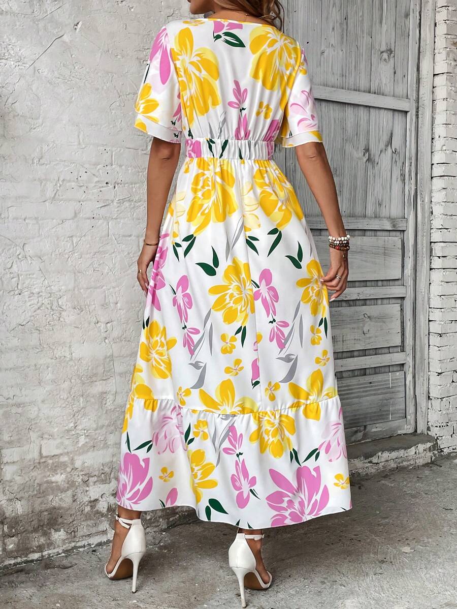 More Clothing Floral Print Maxi Dress with Ruffle Hem and Flutter Sleeves