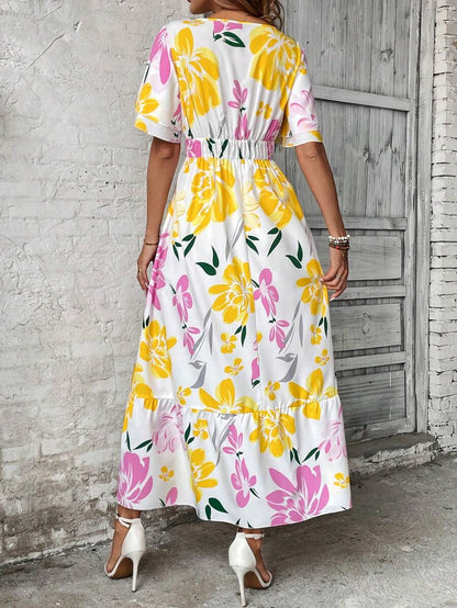 More Clothing Floral Print Maxi Dress with Ruffle Hem and Flutter Sleeves