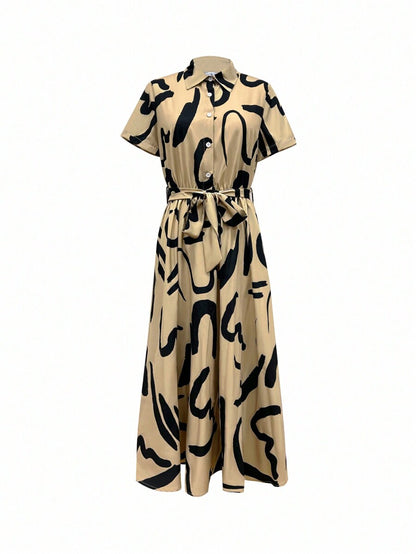 More Clothing Luxury Beige & Black Midi Dress with Belt