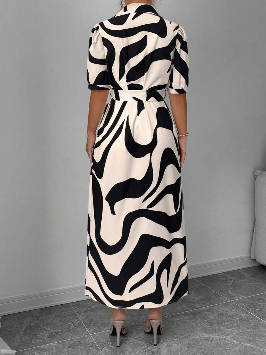 More Clothing Monochrome Magic: Black & White Abstract Shirt Midi Dress