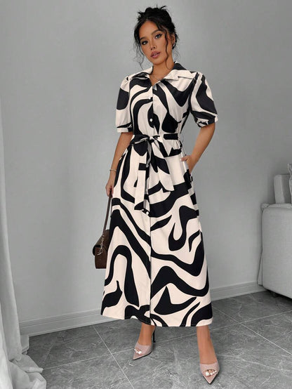 More Clothing Monochrome Magic: Black & White Abstract Shirt Midi Dress