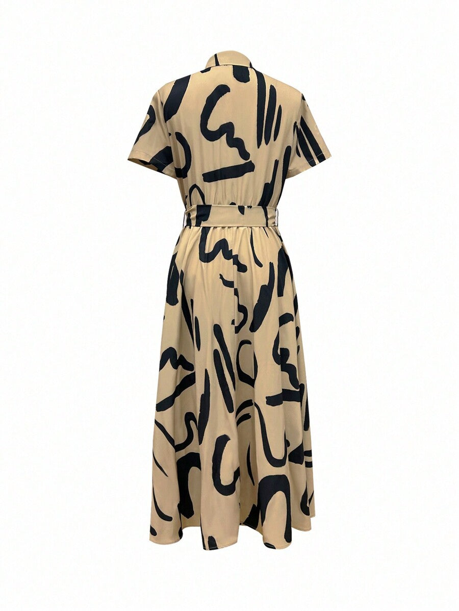 More Clothing Luxury Beige & Black Midi Dress with Belt