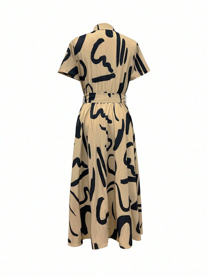 More Clothing Luxury Beige & Black Midi Dress with Belt