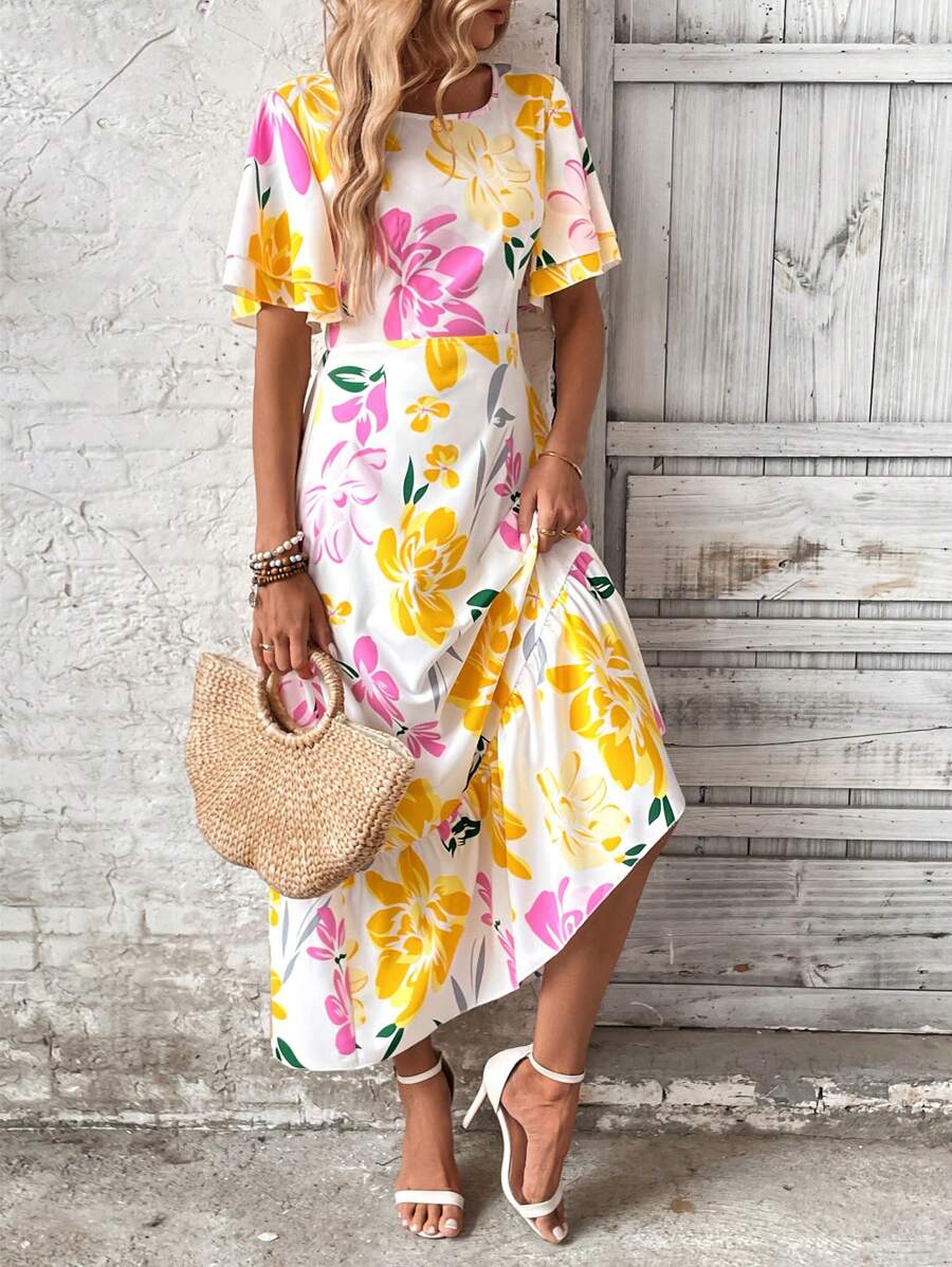 More Clothing Floral Print Maxi Dress with Ruffle Hem and Flutter Sleeves