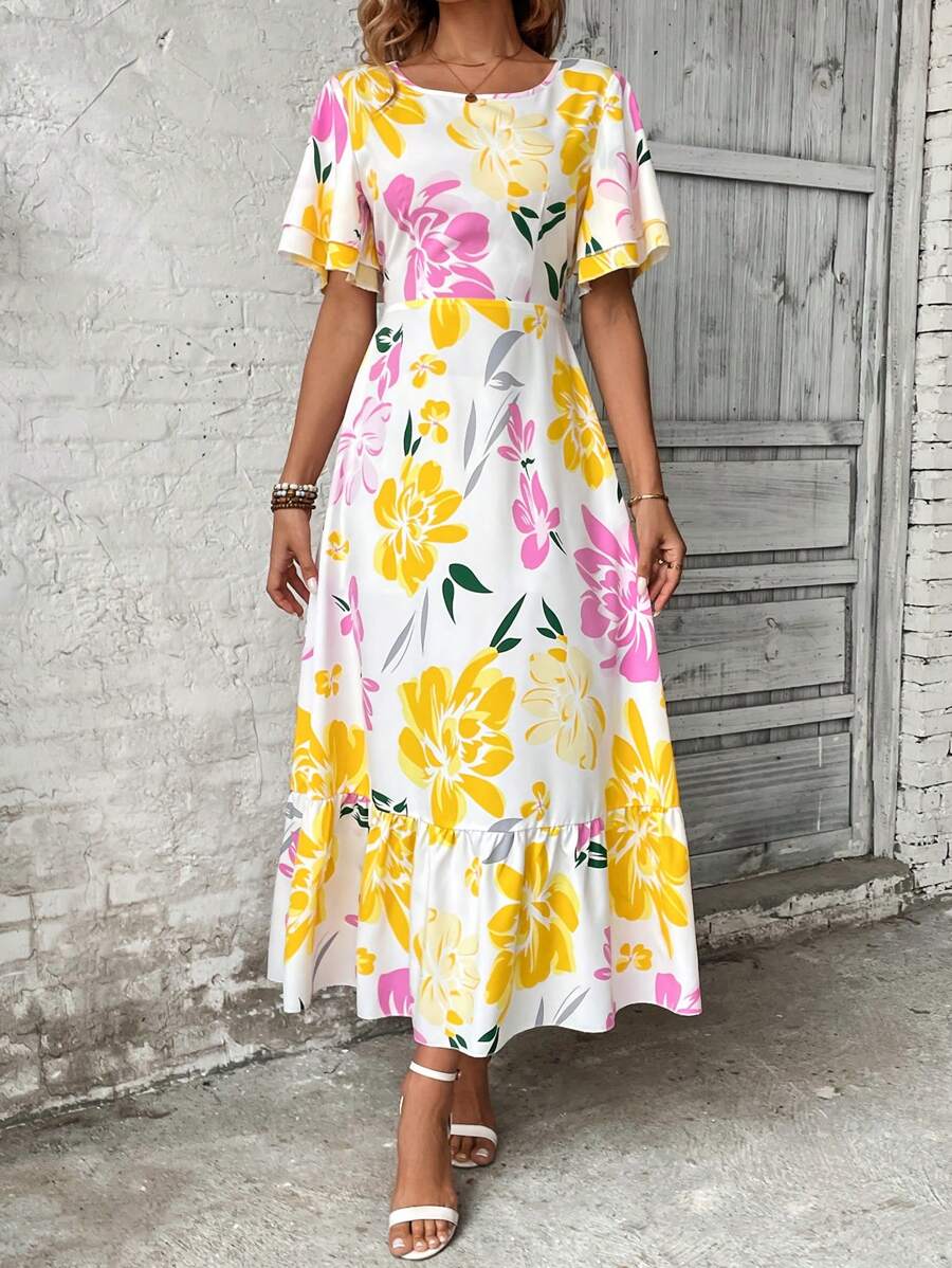 More Clothing Floral Print Maxi Dress with Ruffle Hem and Flutter Sleeves