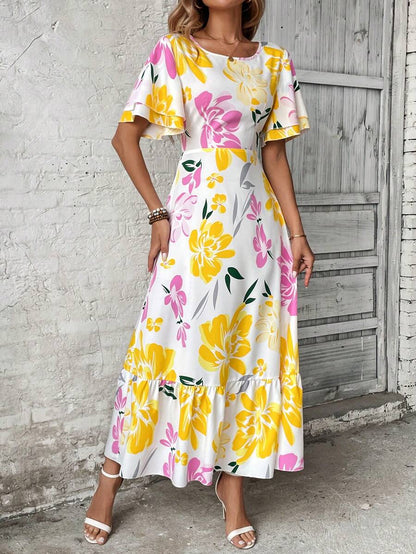 More Clothing Floral Print Maxi Dress with Ruffle Hem and Flutter Sleeves